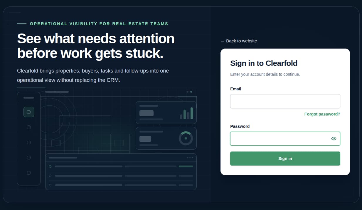 Clearfold login screen with real-estate operations introduction and email and password sign-in form